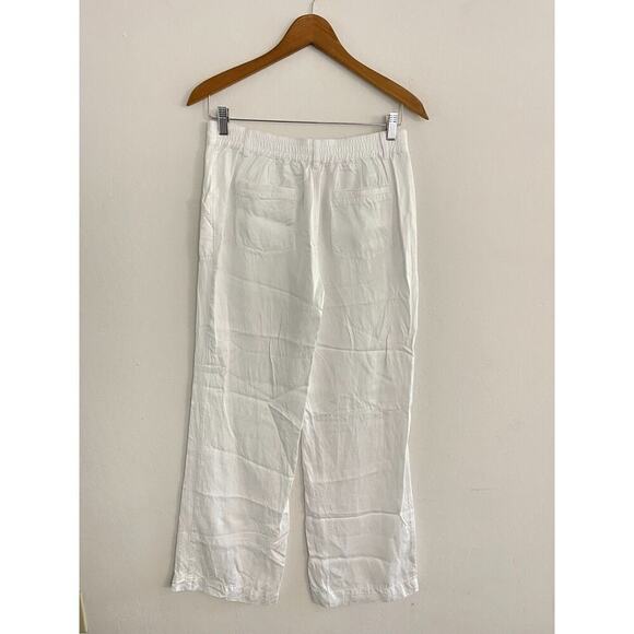 Olsen sz 8 Linen Pants White Wide Leg High Rise Carpenter Pockets Resort Beach - Picture 7 of 9